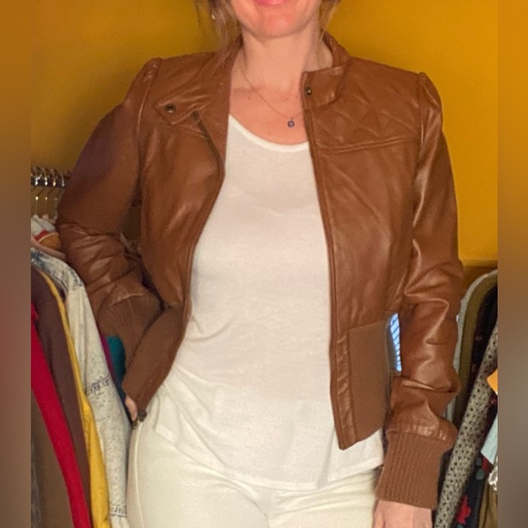 GUESS Cognac brown leather jacket sz M - Picture 7 of 7